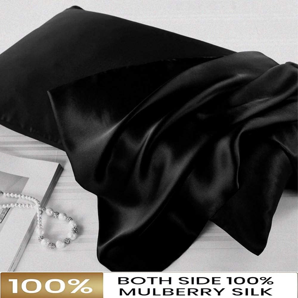 100% Mulberry Silk Pillowcase for Hair and Skin Both Side Natural Hypoallergenic Smooth Pillowcase with Hidden Zipper 50 X 75 Cm (Standard(51X75Cm), Black)